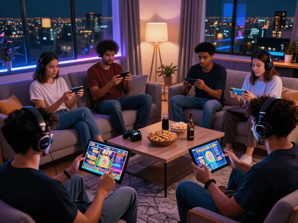 Players enjoying slot gacor hari ini in a lively gaming room with vibrant screens.