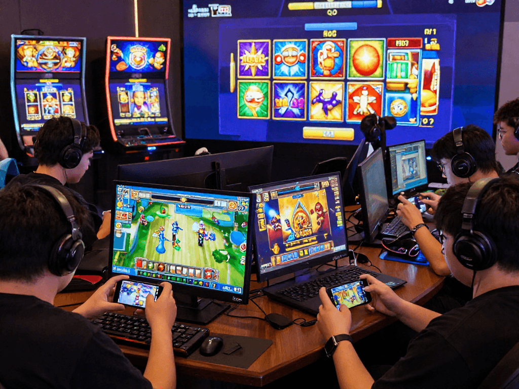Players engaging with situs slot games on devices, showcasing vibrant visuals and interactive gameplay.