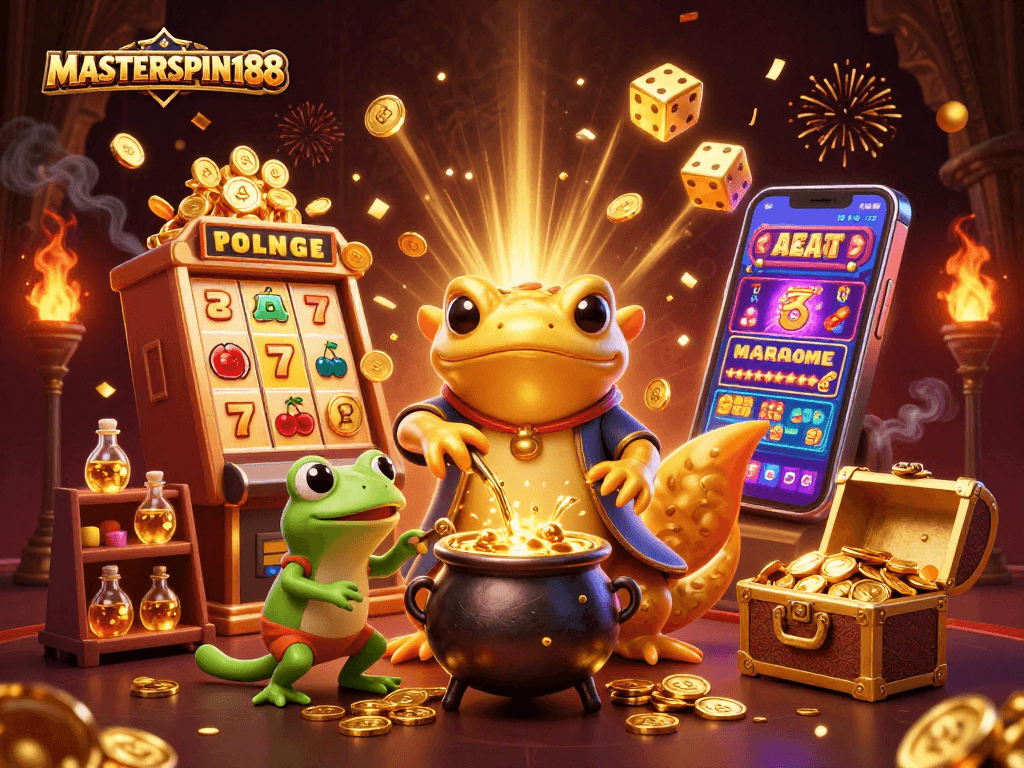 Play thrilling games at MASTERSPIN188 with a giant golden alchemist and magical casino elements.