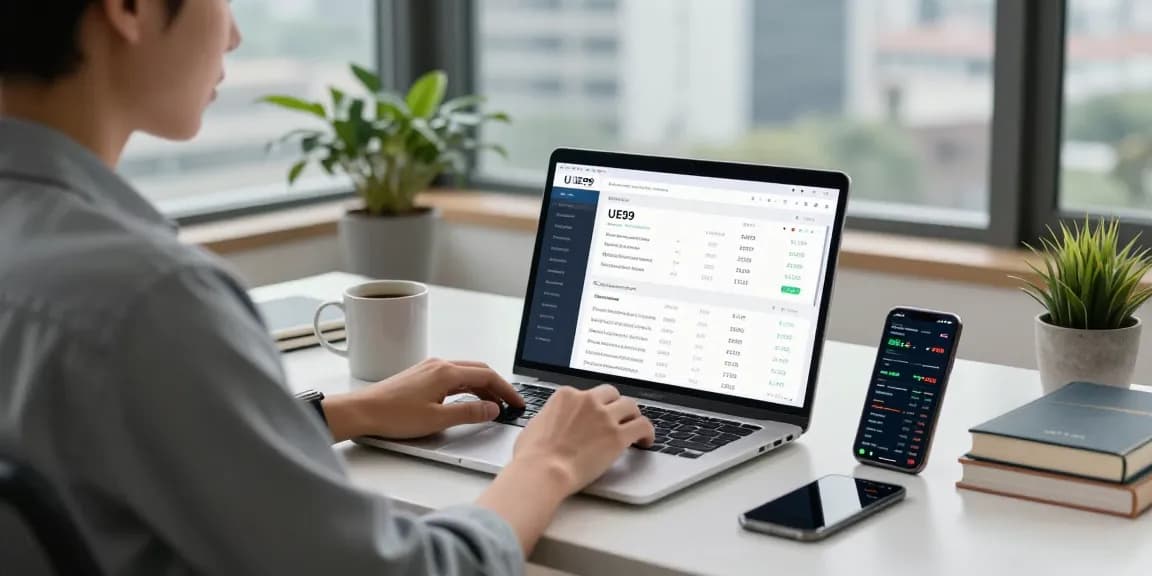 Pengguna UE99 sedang menggunakan platform investasi di kantor rumah yang modern.