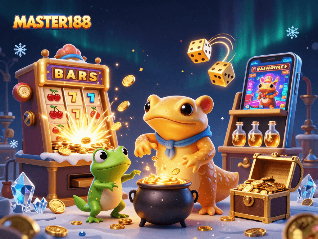 Experience the thrill with MASTER188: lively scene featuring a golden salamander alchemist and casino elements.