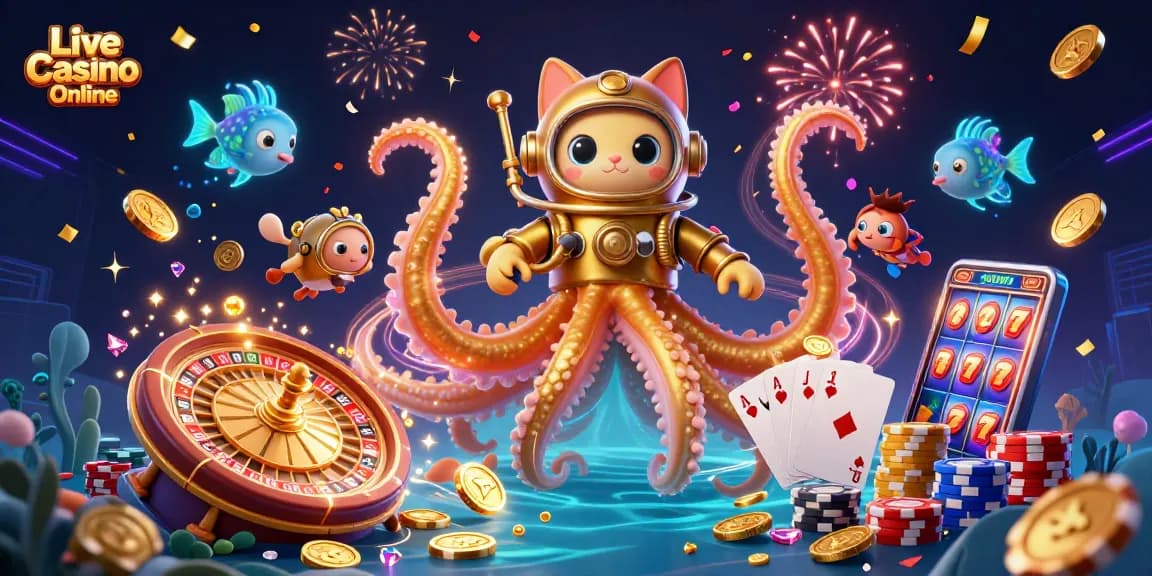 Experience the excitement of Live Casino Online with a vibrant 3D illustration showcasing a kraken and diving cat.