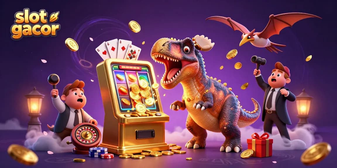 Slot gacor dengan pemenang jackpot dari mesin slot dikelilingi koin emas terbang dan permainan kasino interaktif.
