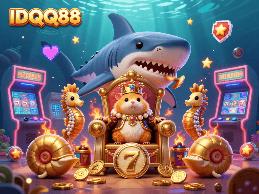 Spin the reels at IDQQ88 with a golden hamster king ruling over a vibrant casino adventure.