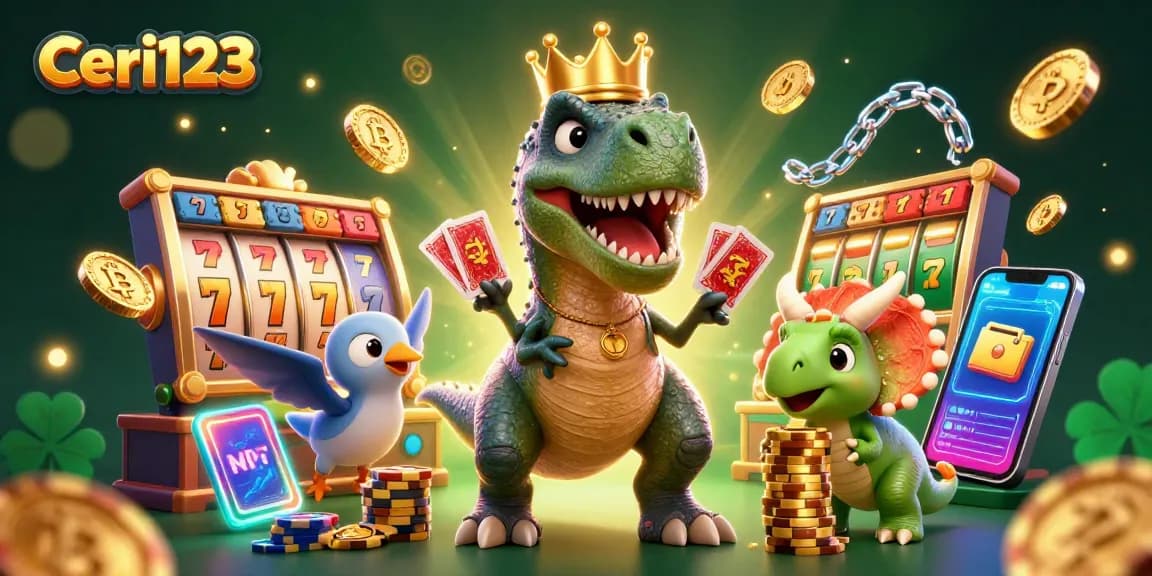 Ceri123 showcases a vibrant casino scene with a T-Rex shuffling cards, a pterodactyl assisting, and jackpot excitement around them.