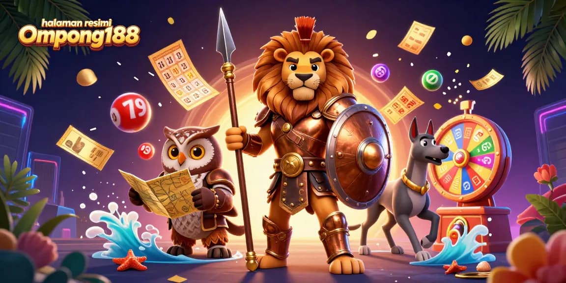 Gambar menarik halaman resmi Ompong188 menampilkan karakter kasino dengan bola lotere berwarna-warni.