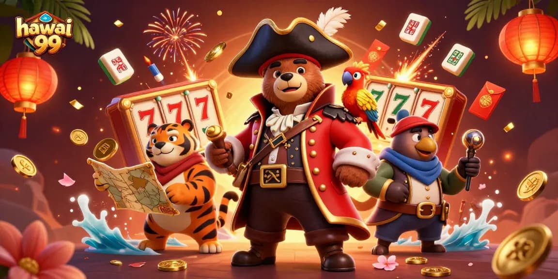 Join the action at hawai 99, showcasing an exciting scene with vibrant slot symbols and lively characters.