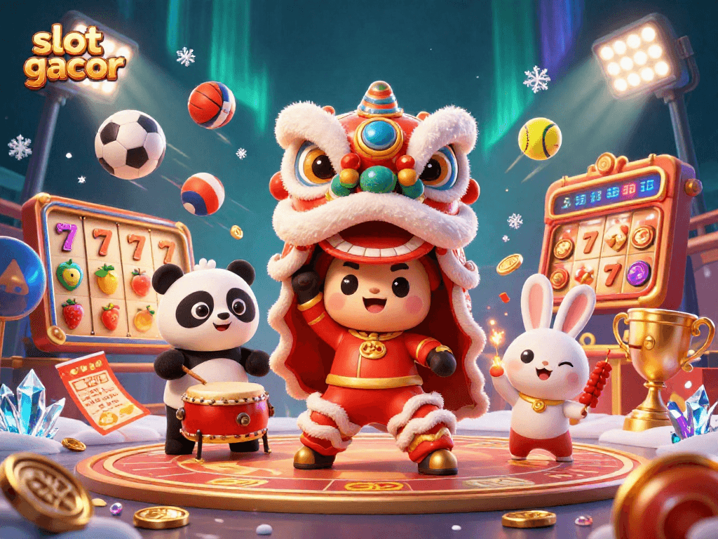 Tampilkan slot gacor dengan karakter unik dalam ilustrasi festival, dikelilingi elemen kasino yang menawan.