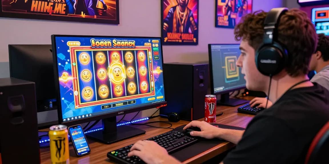 Exciting online slot gaming scene with colorful reels and enthusiastic player.