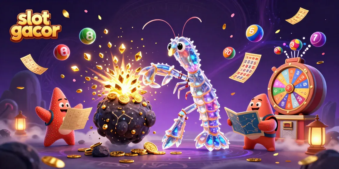 Memenangkan slot gacor dengan mantis udang galaksi dan bola undian berwarna-warni dalam ilustrasi kasino.