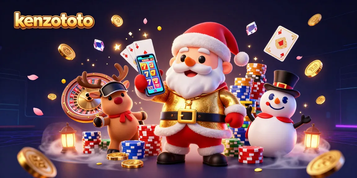 Kenzototo brings excitement with cartoon characters celebrating casino wins amidst coins and gems.
