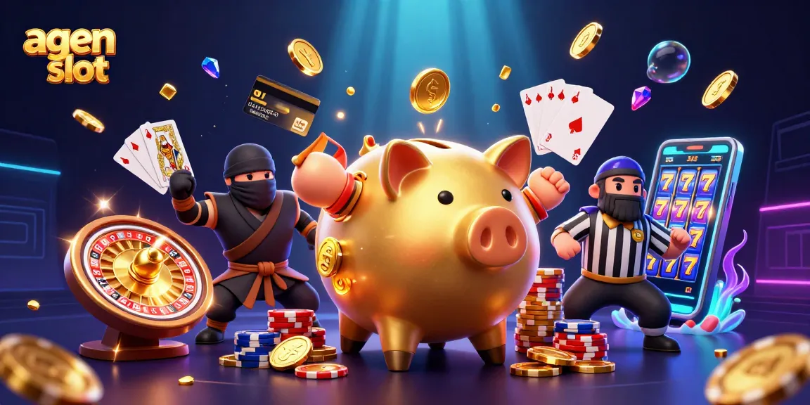 Mengguncang koin emas dengan agen slot, bank celengan sumo kartun besar dan dompet ninja beraksi di kasino.