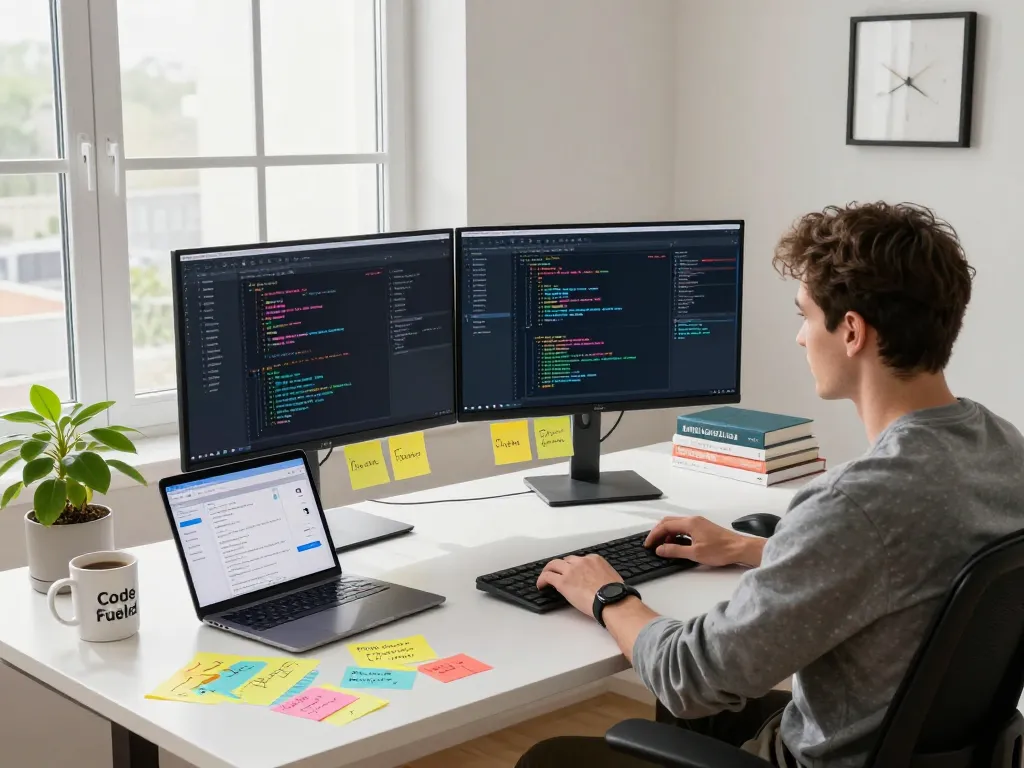 Developer working on Crushon IA chatbot coding in a tech workspace