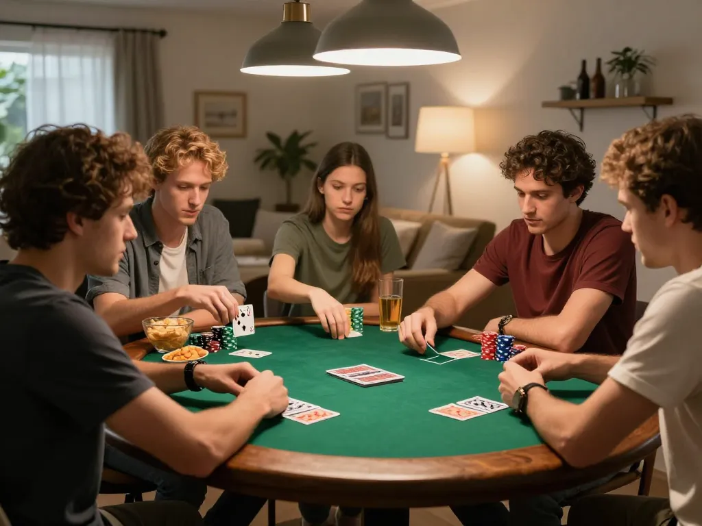 TẢI GO88 with friends playing poker at home, showcasing engaging social gaming atmosphere.