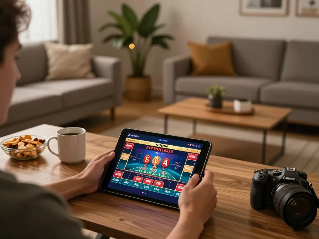 Kuwin user engaging in online gambling at home with vibrant casino app interface.