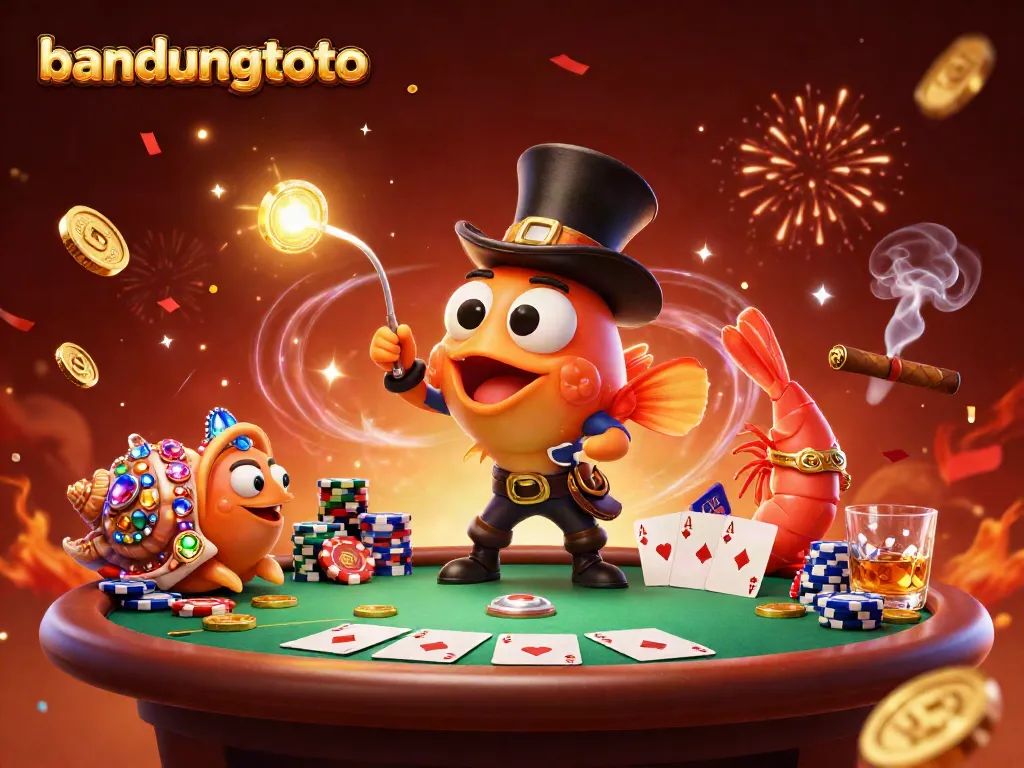 Engage in thrilling games with bandungtoto as glowing coins are attracted by an anglerfish in a vibrant casino scene