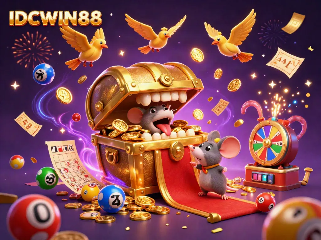 Engage with immersive adventures at IDCWIN88 featuring cartoon mice attracted to a treasure chest amidst vibrant gaming elements.