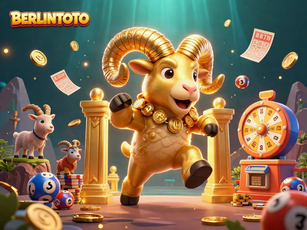 Berlintoto lottery scene showcasing a golden ram and colorful lottery elements, perfect for lottery enthusiasts.