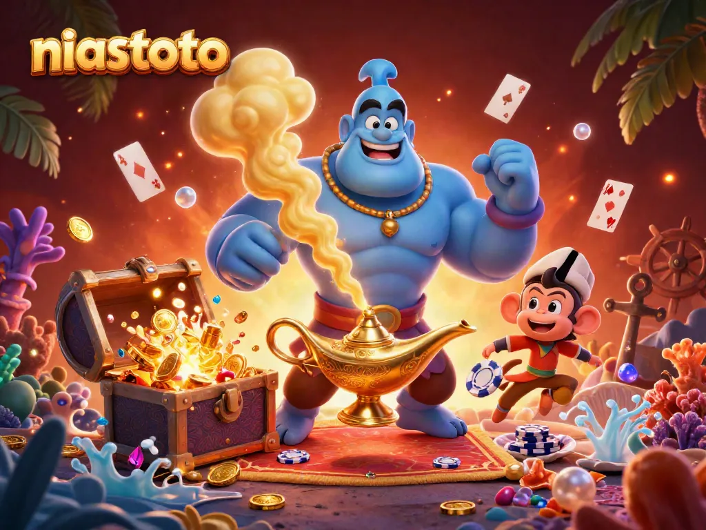 Permainan di NIASTOTO dengan genie biru, monyet, dan karpet ajaib memunculkan koin dan permata.