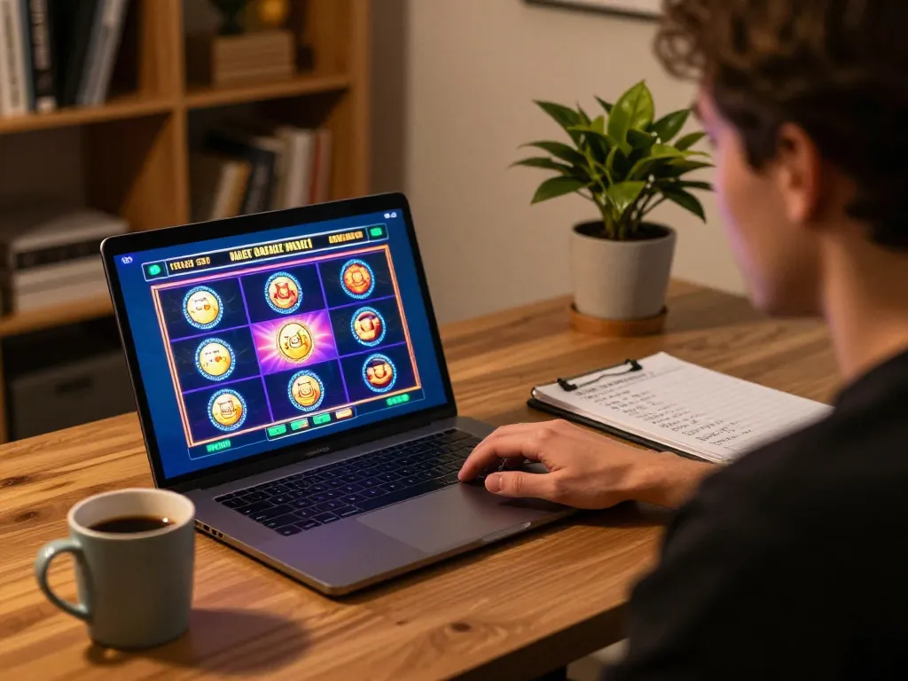 Player spinning exciting slot reels on laptop at home, showcasing dynamic online gaming