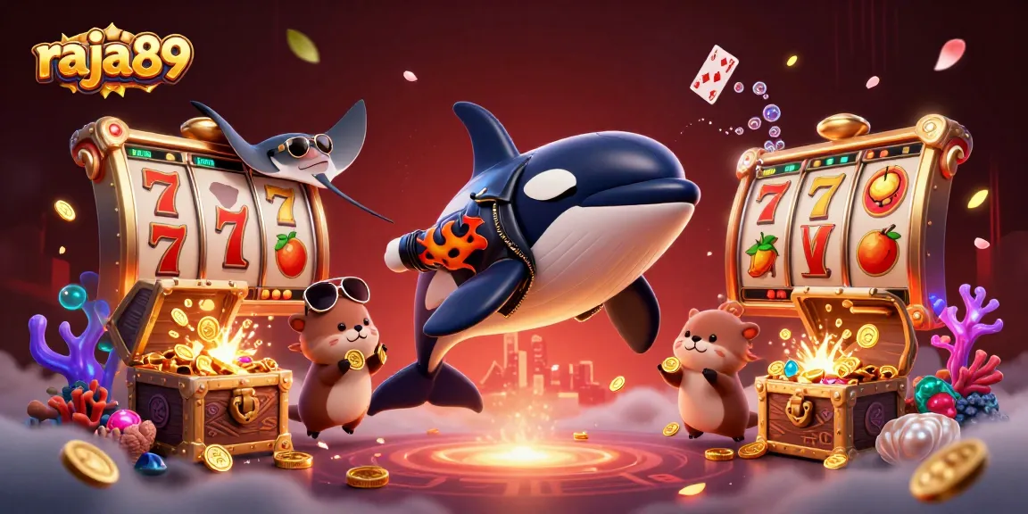 Play and win with raja89 as orca, stingray, and otters celebrate in a vibrant casino scene.