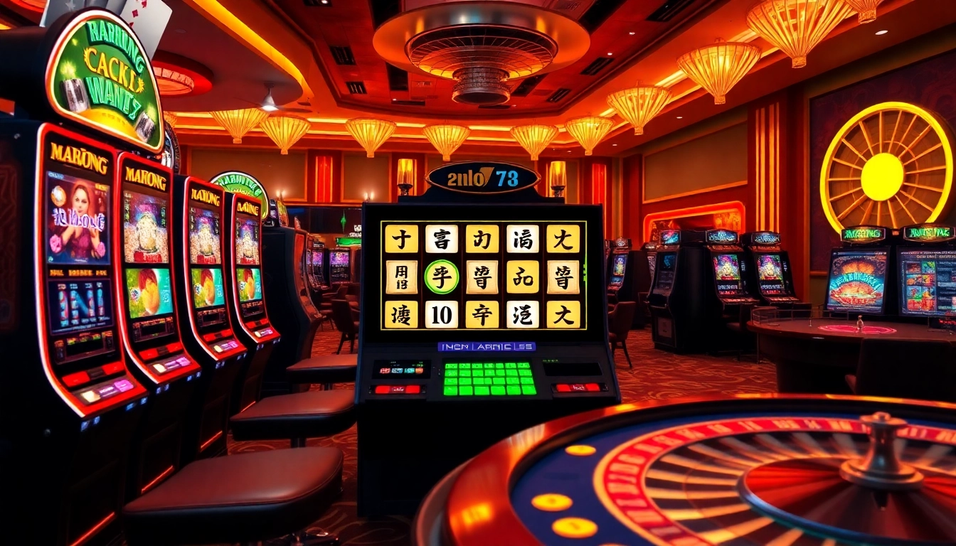 Experience thrilling demo slot gameplay in a vibrant online casino setting filled with Mahjong graphics and poker chips.