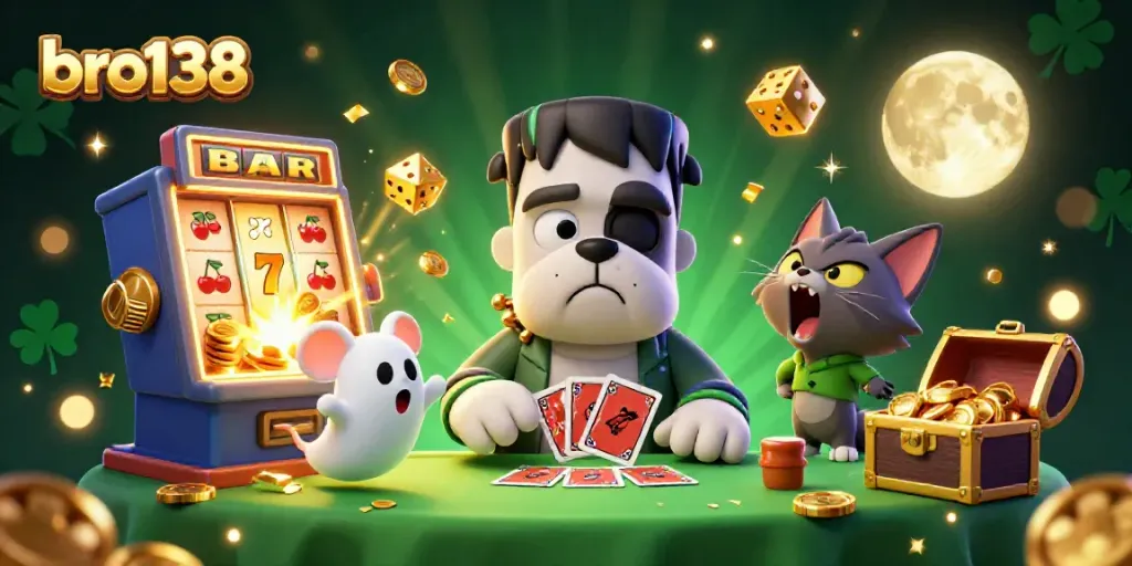 Play at bro138 and enjoy a thrilling casino scene with iconic gaming elements.