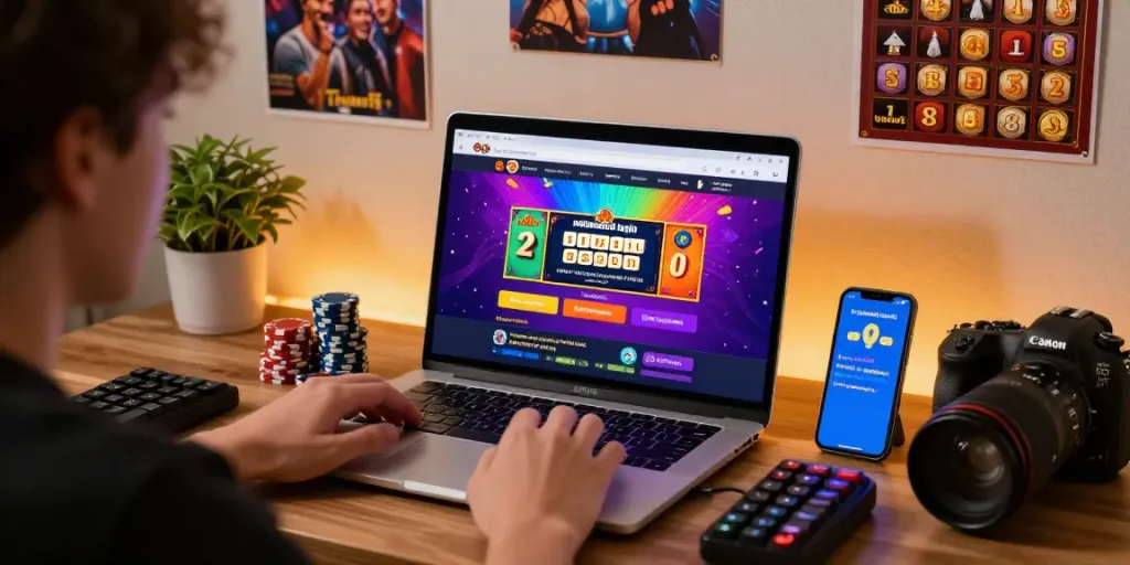 Pengguna melakukan natunatoto login di laptop, menampilkan antarmuka berwarna-warni dan suasana bermain yang energetik.