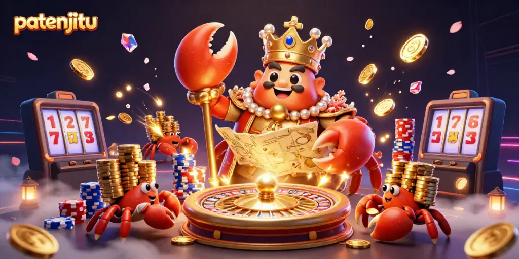 Patenjitu menghadirkan ilustrasi kasino 3D dengan kepiting raja, scepter, dan kerang kecil membawa chip emas.