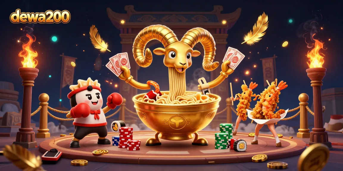 Dewa200 menghadirkan aksi seru dengan mangkuk ramen emas raksasa yang membagikan kartu dan menumpuk chip di dunia kasino.