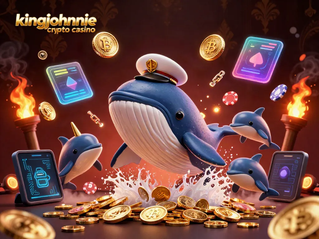 Experience the kingjohnnie crypto casino with vibrant 3D characters breaching a sea of coins.