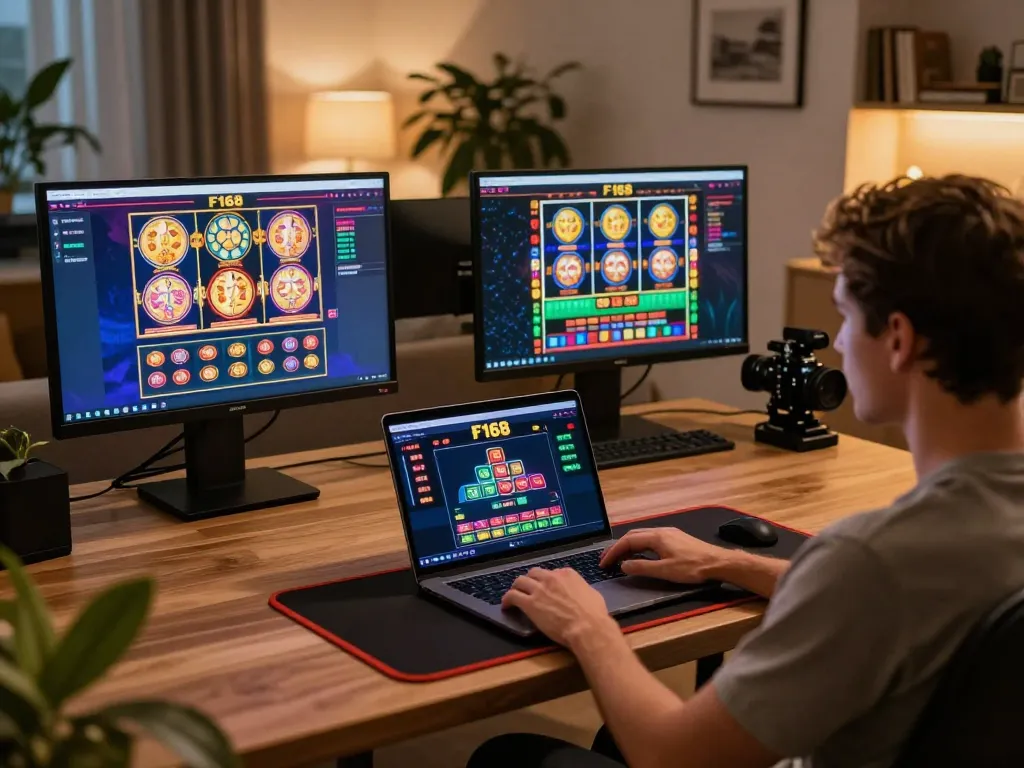 Player enjoying F168 online casino games on a laptop at home, emphasizing engaged gaming experience