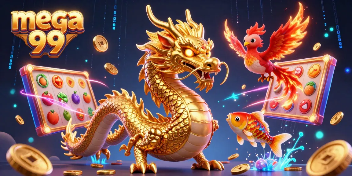 Experience the thrill of mega 99 with a dynamic scene featuring a dragon, phoenix, and koi fish amidst slot reels and coins.