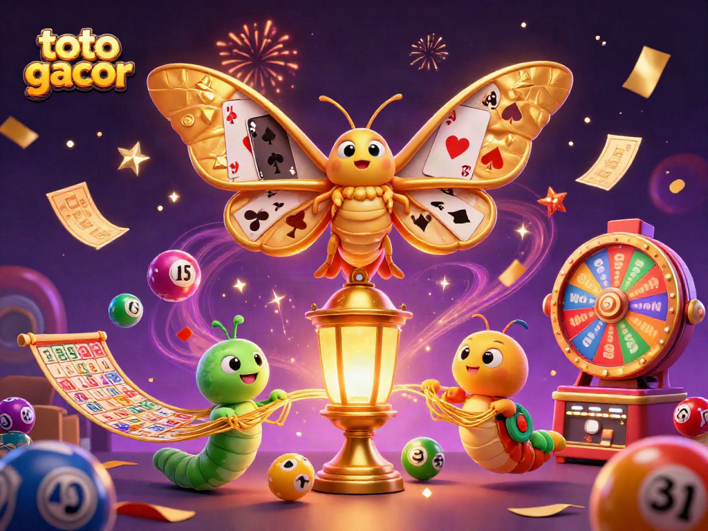 Toto gacor menampilkan ilustrasi 3D dengan karakter kupu-kupu dan elemen judi berwarna-warni yang dinamis.