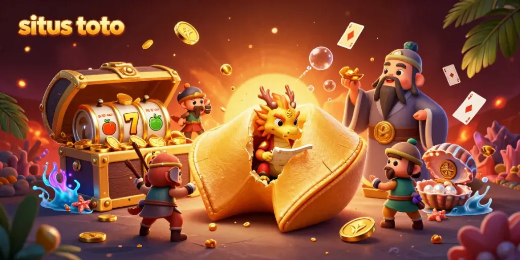 Engage with situs toto through a colorful illustration of a golden fortune cookie and vibrant casino elements.