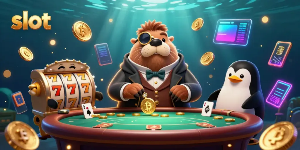 Mainkan slot di meja poker bawah laut bersama walrus ceria dan dealer penguin.