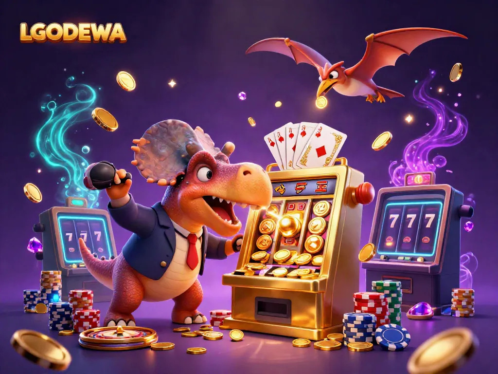 Explore LGODEWA's vibrant gaming experience as a cartoon pachycephalosaurus activates a jackpot, surrounded by golden coins.