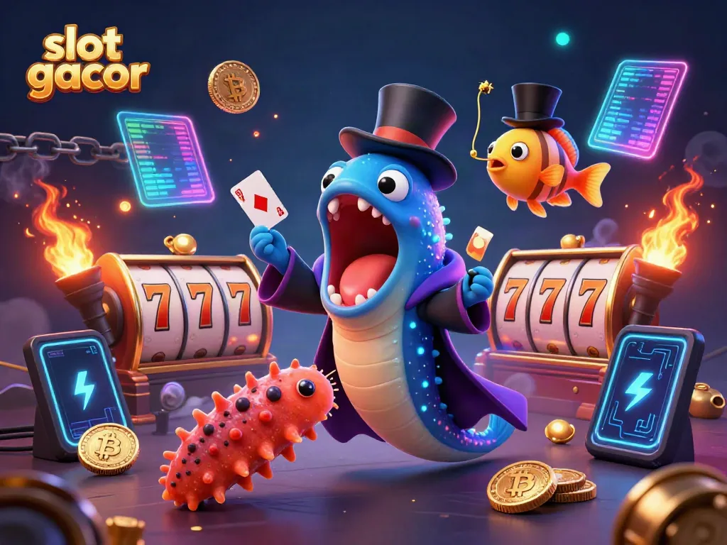 Engage in slot gacor with vivid 3D illustration of sea creatures performing magic tricks, vibrant neon coins.