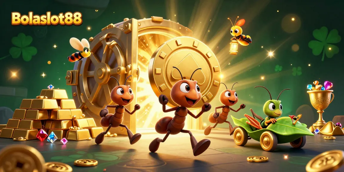 Bolaslot88 showcases cartoon ants on a heist with golden poker chip surrounded by a treasure vault.