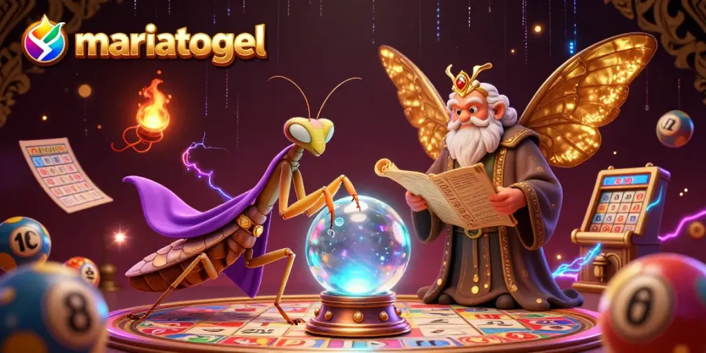 Engage with mariatogel lottery excitement through vibrant 3D illustration featuring fortune teller and lottery elements.