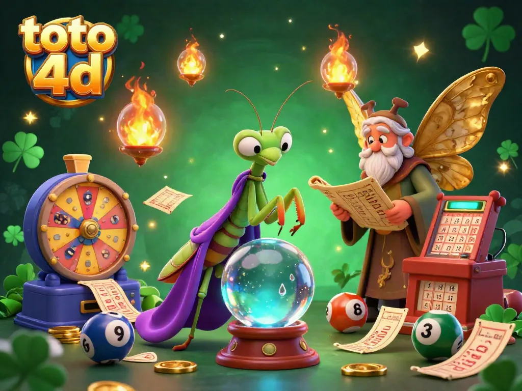 Engaging scene depicting the fantasy elements of toto 4d lottery, showcasing a fortune teller and librarian surrounded by lottery symbols.