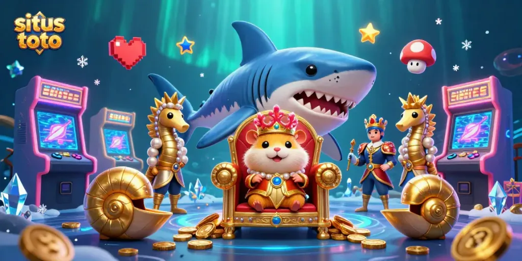 Memenangkan permainan situs toto dengan raja hamster emas di atas takhta gigi megalodon.