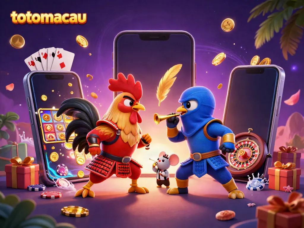 Experience the excitement of winning at totomacau with roosters in a dramatic standoff amidst vibrant slot games.