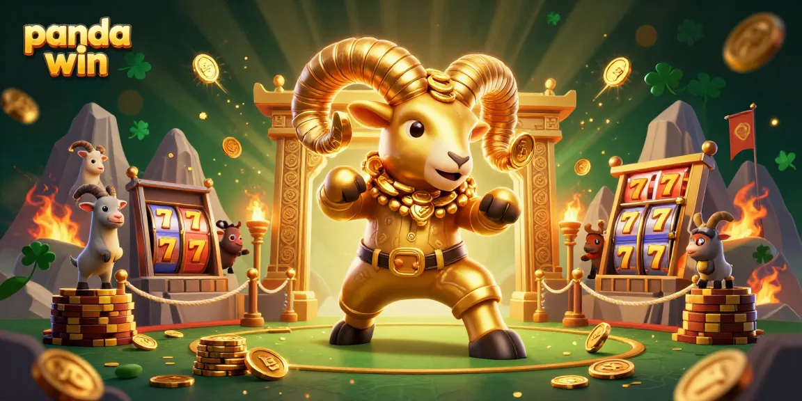 Panda win showcases a golden ram charging at a vibrant casino scene filled with slot reels and gold.