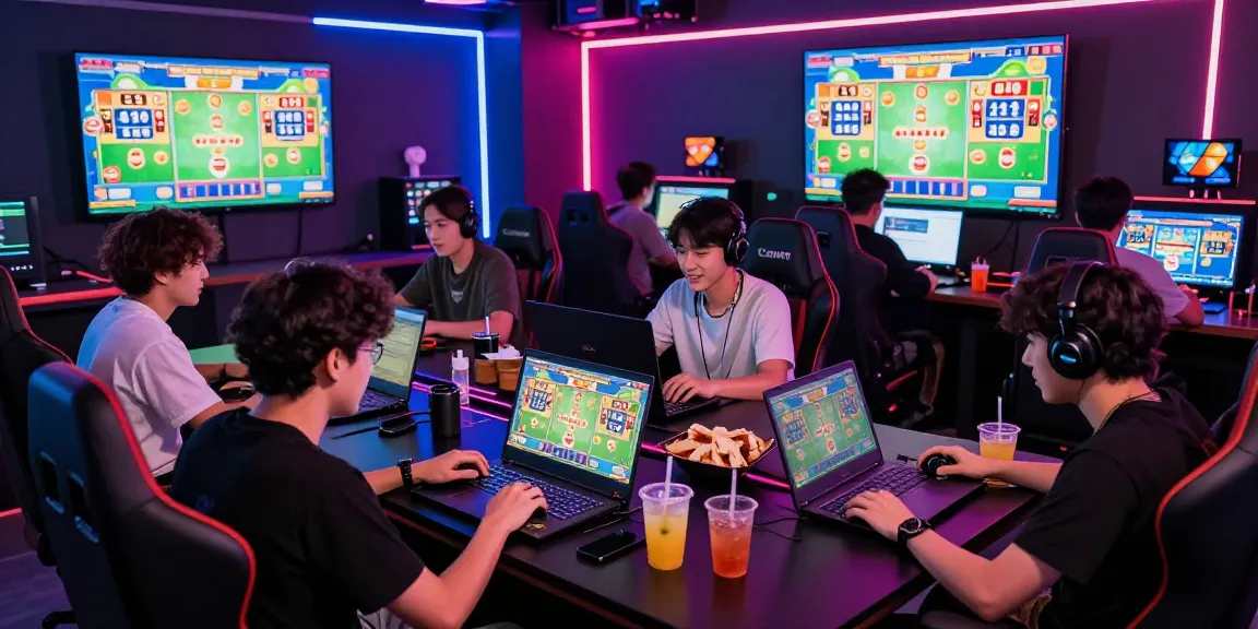 Pengguna rajatogel bermain togel online di ruang permainan modern dengan desain neon yang ceria.