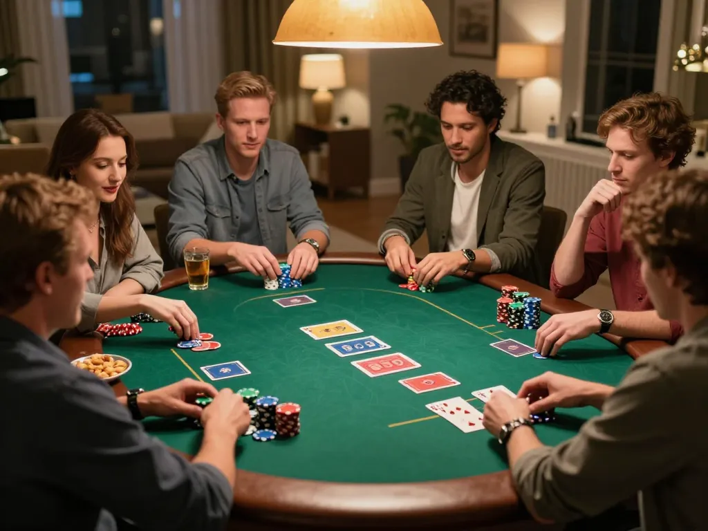 Engaging poker game night with SC88 players showcasing their strategic betting and vibrant chips.