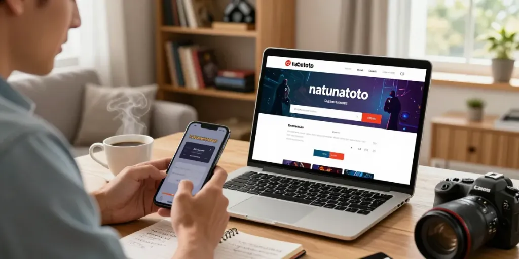 Proses login natunatoto di rumah dengan suasana nyaman dan latar belakang terang.