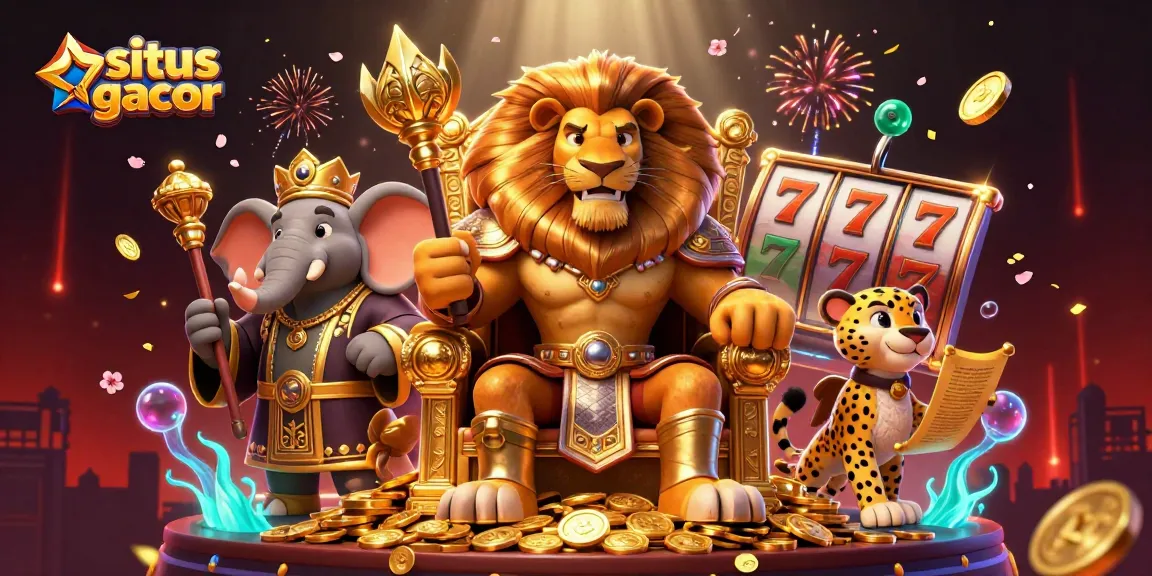 Experience the thrill of situs slot gacor with an epic 3D scene featuring a lion king and vibrant casino elements.