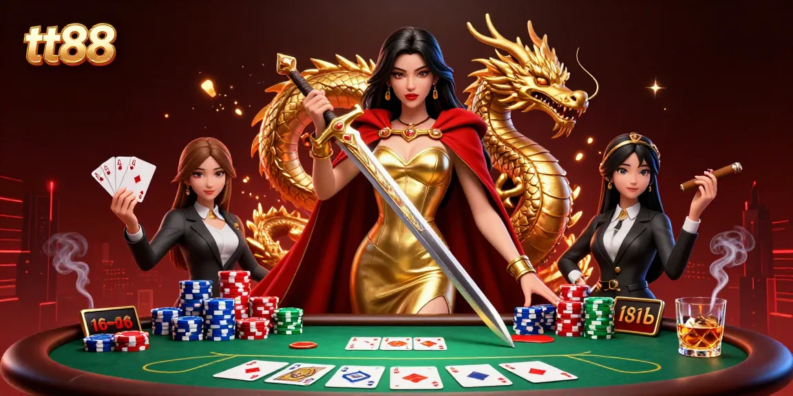 Experience the thrill of tt88 at this vibrant casino scene with a warrior queen and golden dragon.