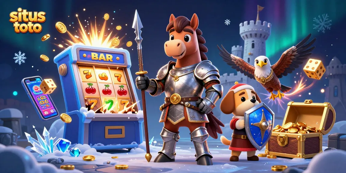 Situs toto menampilkan konsep kasino 3D yang dinamis dengan karakter ksatria dan elemen permainan jackpot.